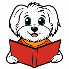 Maltese dog reading book on white background 
