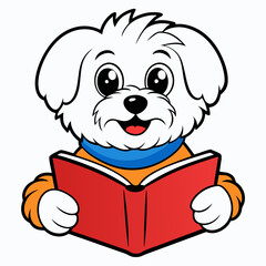 Maltese dog reading book on white background 