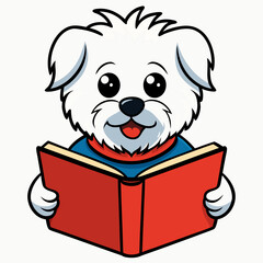 Maltese dog reading book on white background 