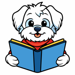 Maltese dog reading book on white background 