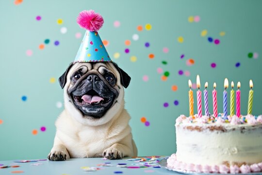 A cheerful pug wearing a party hat beside a birthday cake with candles and colorful confetti.