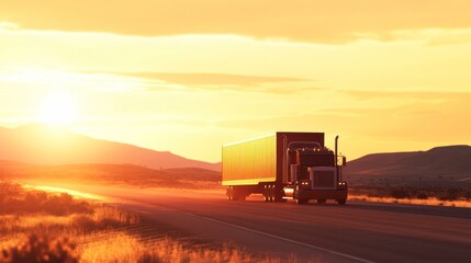 Fototapeta premium A truck drives along a road at sunset, creating a serene transport scene.
