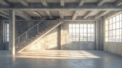 Fototapeta premium A spacious, minimalist interior with a staircase and large windows allowing natural light.