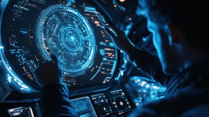 A futuristic control panel with glowing interfaces, operated by a person in a dark environment.