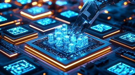 Fototapeta premium AI Robotic Arm Building Smart City on Chip - Artificial Intelligenc.