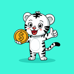 Cute Cartoon Tiger Holding a Coin