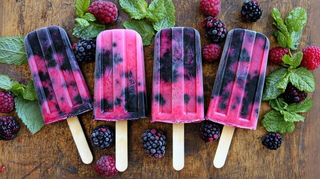 Colorful berry popsicles arranged on a wooden surface surrounded by fresh mint leaves and berries