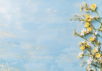 Beautiful Arrangement of Delicate White and Yellow Flowers on a Soft Blue Background for Elegant Spring or Summer Designs and Seasonal Projects