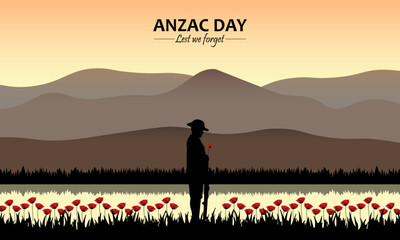 Vector illustration of beauty landscape. Remembrance day symbol. Lest we forget. Anzac day background with australian soldier and beauty landscape