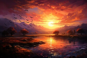 Vibrant sunset over tranquil lake and mountains.