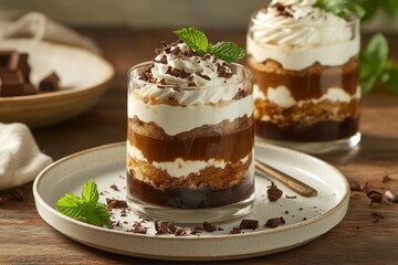 A delicious layered dessert in a glass, featuring chocolate, cream, and mint garnish.