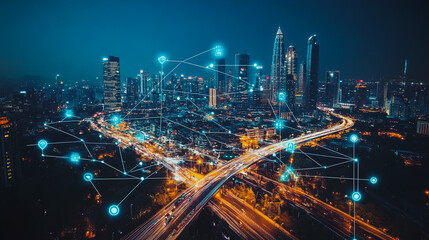 Fototapeta premium Smart digital Innovation city with connection network reciprocity over the cityscape. of future smart wireless city and social media networking systems that connects business people with in city
