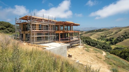 Obraz premium A partially constructed house on a hillside with scaffolding and a scenic landscape.