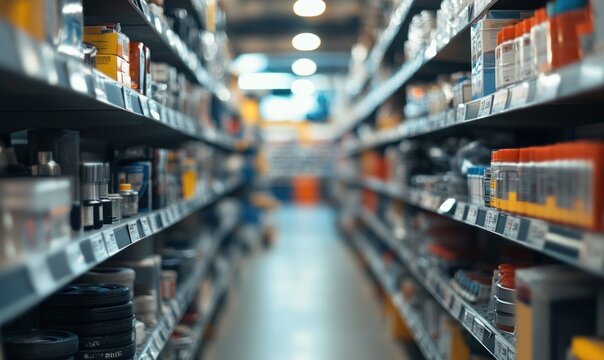 A view of a hardware store aisle filled with various tools and supplies.