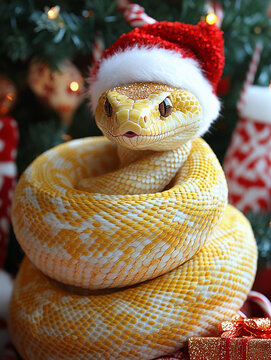 Christmas-themed yellow python wearing a festive Santa hat, posing among holiday decorations at a cozy indoor setting