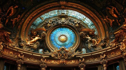 Obraz premium Ornate ceiling with stained glass and sculptures.