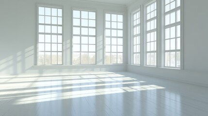 Fototapeta premium Bright, spacious room with large windows casting shadows on the floor.