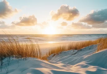 Papier peint photo Le salon Breathtaking Sunset Over Sandy Beach with Golden Horizon and Wispy Clouds Creating a Serene Coastal Landscape at Dusk  © ANUAR
