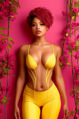 Fototapeta premium A woman in a yellow outfit is posing in front of pink flowers. The image has a bright and cheerful mood, with the woman's outfit and the pink flowers creating a sense of happiness and positivity