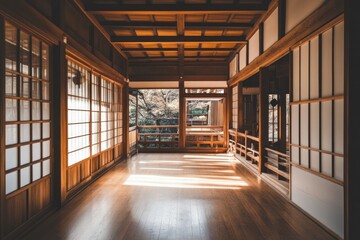 A serene wooden interior with sliding doors and natural light.