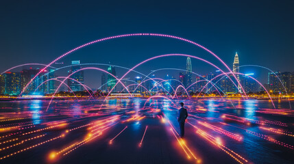 Smart digital Innovation city with connection network reciprocity over the cityscape. of future smart wireless city and social media networking systems that connects business people with in city