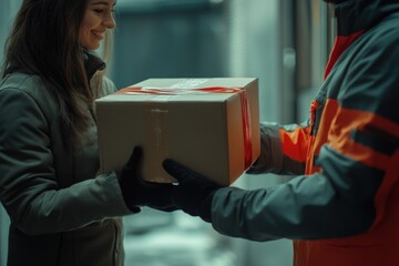 A person receiving a package from a delivery worker in a snowy environment.