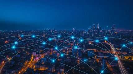 Fototapeta premium Smart digital Innovation city with connection network reciprocity over the cityscape. of future smart wireless city and social media networking systems that connects business people with in city