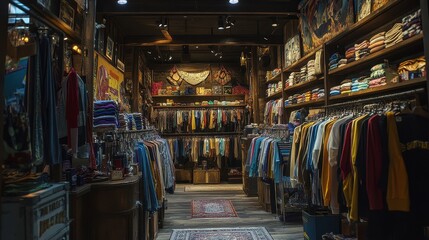 Obraz premium Vintage clothing store interior, filled with racks and shelves of apparel. Showcases a diverse selection of clothing styles and textures for retail or fashion blogs.