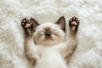 A cute sleeping kitten with paws stretched out on a fluffy surface.