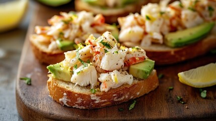 Delicious crab avocado toast garnished with herbs and lemon on a wooden board.