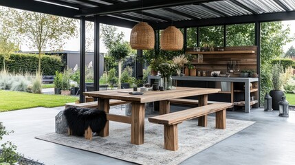 Modern outdoor kitchen and dining area with wooden table, benches, and hanging lamps under a pergola.