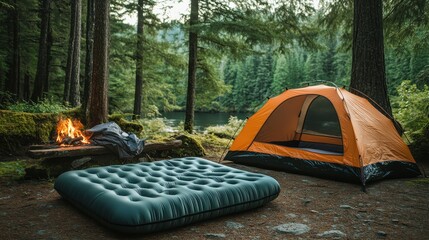 Inflatable camping mattress by campfire. Ideal for comfortable, restful nights outdoors.