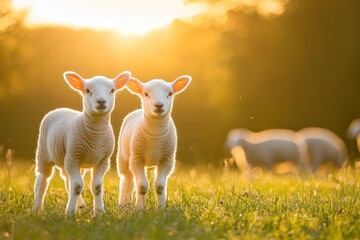 Fototapeta premium Two playful lambs in a sunlit field, capturing a serene rural atmosphere.