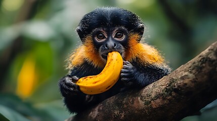Naklejka premium Adorable GoldenBellied Monkey Eating Banana