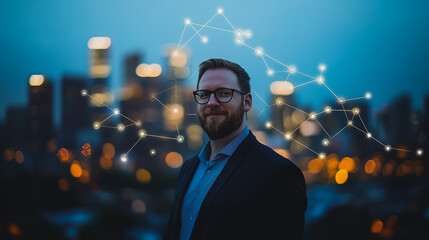 Smart digital Innovation city with connection network reciprocity over the cityscape. of future smart wireless city and social media networking systems that connects business people with in city