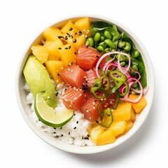 Hawaiian Poke Bowl, Isolated white background, flat lay