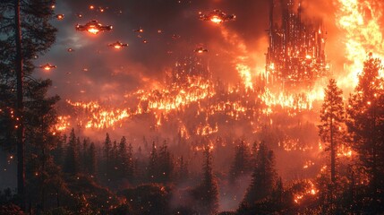 A scene of a massive wildfire spreading across a futuristic forest filled with metallic trees and artificial plants, with drones attempting to extinguish the flames in vain