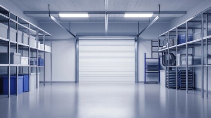 Obraz premium A clean, organized storage area with shelves and a roll-up door.
