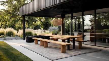 Modern outdoor dining space with wooden furniture, a large table and benches under a covered patio.