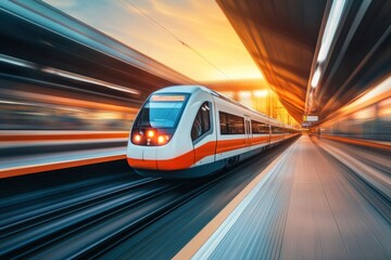 Fototapeta premium A high-speed train in motion at a vibrant station during sunset.