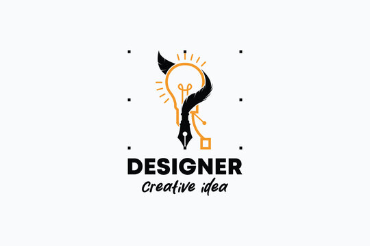 Logo for designer or illustrator with feathered pen tool cursor icon symbol, curve point art