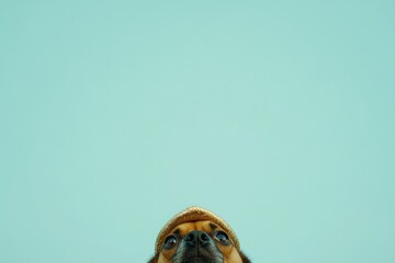 A dog peeks from the bottom of the image, wearing a hat against a light blue background.