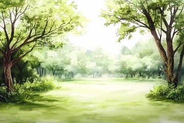 Obraz premium Lush Green Forest Clearing Surrounded by Vibrant Trees and Foliage