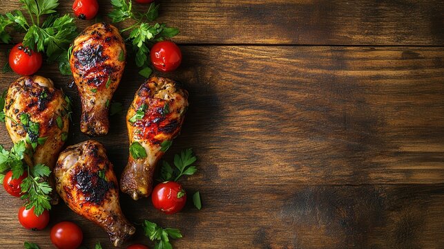 Grilled chicken drumsticks with parsley and cherry tomatoes on a rustic wooden background. Perfect for restaurant menus, food blogs, or any project needing a delicious food image.