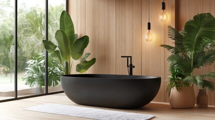 Fototapeta premium Modern bathroom featuring a sleek black bathtub, plants, and natural light.
