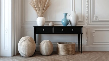 Obraz premium Stylish interior decor featuring a black console table with decorative vases and baskets.