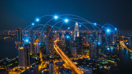 Fototapeta premium Smart digital Innovation city with connection network reciprocity over the cityscape. of future smart wireless city and social media networking systems that connects business people with in city