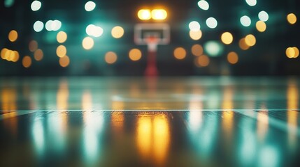 A blurred view of a basketball court with lights and a hoop in the background.