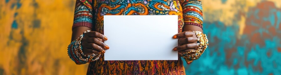 A person holds a blank sign against a vibrant, colorful background.