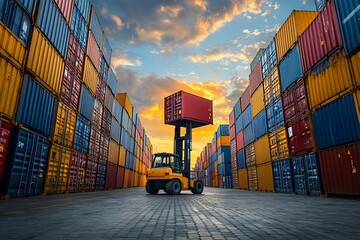 Yellow forklift moving container at sunset between stacks of colorful cargo containers in a shipping yard.